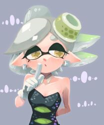 Rule 34 | 1girl, arm behind back, bare arms, bare shoulders, black dress, bow-shaped hair, breasts, collar, detached collar, dress, earrings, food, food on head, gradient hair, grey hair, half-closed eyes, highres, hoop earrings, index finger raised, inkling, jewelry, marie (splatoon), mole, mole under eye, momobosi, multicolored hair, nintendo, object on head, short ponytail, solo, splatoon (series), squid girl, strapless, strapless dress, sushi, swept bangs, tentacle hair, thick eyebrows, white collar, yellow eyes