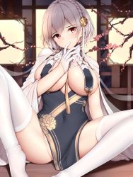 Rule 34 | 1girl, azur lane, blush, braid, branch, breast curtains, breasts, cherry blossoms, china dress, chinese clothes, cleavage, covered navel, covering own mouth, dress, finger to mouth, floral print, flower, gloves, grey dress, groin, hair flower, hair ornament, half gloves, highres, large breasts, looking at viewer, neckwear between breasts, pelvic curtain, red eyes, revealing clothes, ribbon, see-through, short dress, short hair, side braid, sideboob, sirius (azur lane), sirius (azure horizons) (azur lane), sitting, solo, spread legs, thighhighs, thighs, white gloves, white hair, white ribbon, white thighhighs, wsman