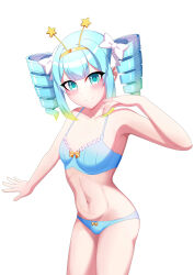 Rule 34 | 1girl, absurdres, belly, blue bra, blue hair, blue panties, blush, bow, bow panties, bra, breasts, commission, drill hair, green eyes, hair ribbon, highres, jelly hoshiumi, looking at viewer, multicolored hair, navel, panties, phase connect, ribbon, simple background, small breasts, smile, star (symbol), thighs, underwear, underwear only, virtual youtuber, white background