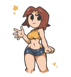 Rule 34 | 1girl, alternate costume, bare shoulders, bike shorts, black eyes, blue shorts, breasts, brown hair, clenched hand, commentary, crop top, cropped legs, english commentary, eyes visible through hair, grey shorts, groin, gummuru, medium breasts, midriff, mii (nintendo), mii gunner, navel, nintendo, orange shirt, parted bangs, shirt, short hair, short shorts, shorts, simple background, sleeveless, solo, star (symbol), super smash bros., taut clothes, taut shirt, thighs, waving, white background