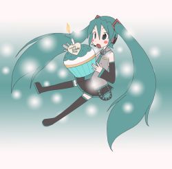 Rule 34 | 1girl, aqua eyes, black thighhighs, blush, candle, cupcake, female focus, flat color, food, fubukio, fubukio (artist), gradient background, green hair, hatsune miku, headphones, necktie, open mouth, self-upload, skirt, solo, thighhighs, twintails, vocaloid, white background