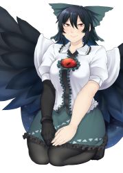Rule 34 | 1girl, black gloves, black hair, black pantyhose, black wings, blush, bow, breasts, cape, elbow gloves, feathered wings, frilled shirt, frilled shirt collar, frilled skirt, frills, gloves, green skirt, hair between eyes, hair bow, hands on lap, highres, large breasts, lips, long hair, looking at viewer, nicutoka, pantyhose, puffy short sleeves, puffy sleeves, red eyes, reiuji utsuho, seiza, shirt, short sleeves, sidelocks, simple background, single glove, sitting, skirt, smile, solo, space, third eye, toes, touhou, white background, white shirt, wide hips, wings