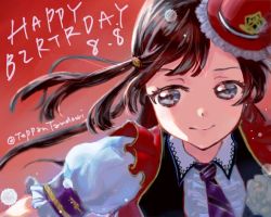 Rule 34 | 1girl, artist name, artist request, black hair, blue hair, blush, breasts, chase (love live!), close-up, collared shirt, dark blue hair, dress shirt, earrings, female focus, fingerless gloves, floating hair, gloves, grey eyes, hair ornament, hairclip, half gloves, hat, jewelry, long hair, looking at viewer, love live!, love live! nijigasaki high school idol club, love live! school idol festival, mini hat, mini top hat, necktie, parted lips, ponytail, puffy short sleeves, puffy sleeves, purple neckwear, red background, red gloves, red hat, red shirt, red vest, ribbon, shirt, short sleeves, side ponytail, small breasts, smile, solo, suspenders, tenpa (tenpa2190), top hat, triangle earrings, upper body, vest, wing collar, yuki setsuna (love live!)