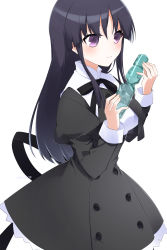 Rule 34 | 1girl, absurdres, assault lily, black hair, black ribbon, black skirt, blouse, bottle, breasts, buttons, closed mouth, commentary, cowboy shot, cropped jacket, hair between eyes, hands up, high-waist skirt, highres, holding, holding bottle, juliet sleeves, light blush, light smile, long hair, long sleeves, looking at viewer, mari (rodoney-kiara), medium breasts, miniskirt, neck ribbon, puffy sleeves, purple eyes, ramune, ribbon, school uniform, shirai yuyu, shirt, sidelocks, simple background, skirt, solo, sparkle, standing, twitter username, water drop, white background, white shirt, yurigaoka girls academy school uniform