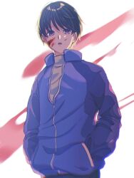 Rule 34 | 1boy, aged down, black hair, blood, blood on face, blue jacket, hands in pockets, highres, hunter x hunter, illumi zoldyck, jacket, long sleeves, looking at viewer, male focus, purple eyes, short hair, solo, thicopoyo, upper body, white background