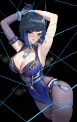 Rule 34 | 1girl, absurdres, aqua eyes, armpits, arms behind back, arms up, bdsm, black background, black gloves, black hair, black pantyhose, blue hair, blue leotard, blunt bangs, blush, bondage, bound, bound arms, bracelet, breasts, cleavage, coat, unworn coat, covered collarbone, cowboy shot, crotch rope, cum, diagonal bangs, dice, drooling, elbow gloves, facial, fur-trimmed coat, fur trim, genshin impact, gloves, gradient hair, heart, heart-shaped pupils, highres, jewelry, large breasts, leotard, looking at viewer, mole, mole on breast, multicolored hair, pantyhose, pussy juice, saliva, saliva trail, shenqi xiao hong zai nali, short hair, simple background, single glove, skindentation, solo, suggestive fluid, symbol-shaped pupils, tassel, tongue, tongue out, vision (genshin impact), white coat, yelan (genshin impact)