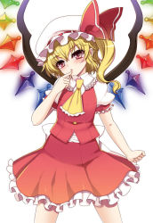 Rule 34 | 1girl, ascot, blonde hair, bow, finger to mouth, flandre scarlet, hat, hat bow, kumao mofumofu, mob cap, red eyes, sash, side ponytail, solo, touhou, white background, wings