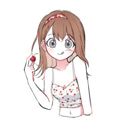 Rule 34 | 1girl, :p, arm at side, bare arms, bare shoulders, breasts, brown hair, cherry, cherry print, cleavage, closed mouth, collarbone, crop top, cropped torso, eyelashes, food, food print, fruit, grey eyes, hair behind ear, hair between eyes, hair over shoulder, hairband, hanasato minori, hand up, highres, holding, holding food, holding fruit, licking lips, light blush, limited palette, looking at viewer, medium hair, midriff, mn4, navel, no nose, pale skin, plaid, plaid hairband, project sekai, red theme, simple background, small breasts, smile, solo, spaghetti strap, swept bangs, tareme, tongue, tongue out, upper body, white background, white theme