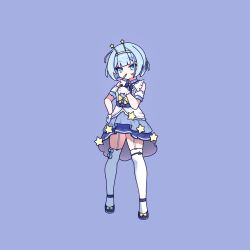 Rule 34 | 1girl, blue background, blue eyes, blue hair, cigarette, cross (vgne4542), highres, jelly hoshiumi, lighter, phase connect, ribbon, short hair, simple background, solo