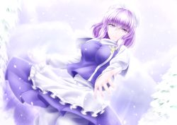 Rule 34 | 1girl, apron, breasts, female focus, hat, large breasts, letty whiterock, outstretched hand, purple eyes, purple hair, shirt, short hair, skirt, skirt set, smile, snow, snowing, solo, touhou, tree, waist apron, y2