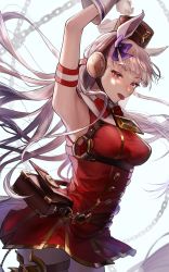 Rule 34 | 1girl, absurdres, alternate eye color, animal ears, armband, arms up, bag, blunt bangs, bow, bowtie, breasts, chain, chest harness, cowboy shot, gloves, gold ship (umamusume), grey hair, hair bow, harness, hat, highres, horse ears, horse girl, horse tail, long hair, pantyhose, pillbox hat, pipi, red bow, red bowtie, red eyes, sleeveless, solo, tail, tongue, tongue out, umamusume, white gloves, white pantyhose