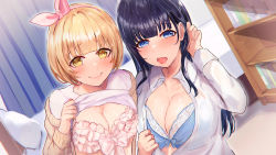 Rule 34 | 2girls, absurdres, bed, bedroom, beige cardigan, black hair, blonde hair, blue bra, blue eyes, blunt bangs, blush, book, bookshelf, bra, breasts, cardigan, cleavage, closed mouth, clothes lift, collarbone, collared shirt, commentary request, frilled bra, frills, hand in own hair, highres, in heat, indoors, large breasts, long sleeves, looking at viewer, medium hair, miyako (rgrayt), multiple girls, open clothes, open mouth, open shirt, original, pink bra, shirt, shirt lift, short hair, sidelocks, smile, steaming body, tongue, tongue out, underwear, upper body, white shirt, yellow eyes
