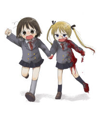 Rule 34 | 2girls, arm up, black ribbon, black skirt, black socks, blazer, blonde hair, blood, blood in hair, blood on clothes, blood on face, blood splatter, bloody knife, blue eyes, blush, brown eyes, brown footwear, buttons, collared shirt, commentary request, crying, crying with eyes open, double-breasted, full body, furrowed brow, grey jacket, grey socks, hair ribbon, heavy breathing, highres, holding, holding hands, holding knife, jacket, kill me baby, knife, loafers, long sleeves, looking at another, looking at viewer, messy hair, multiple girls, necktie, open mouth, oribe yasuna, pleated skirt, pulling, raised fist, red necktie, ribbon, running, school uniform, shirt, shoes, simple background, skirt, socks, sonya (kill me baby), sweat, tears, twintails, white background, white shirt, yasashii naizou