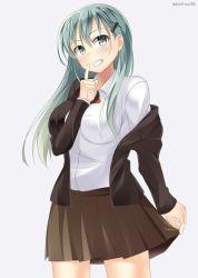 Rule 34 | 10s, 1girl, aqua hair, bad id, bad twitter id, blush, breasts, brown jacket, brown skirt, clothes lift, collared shirt, finger to mouth, green eyes, grin, hair between eyes, hair ornament, hairclip, jacket, jpeg artifacts, kankitsunabe (citrus), kantai collection, large breasts, long hair, off shoulder, pleated skirt, shirt, simple background, skirt, skirt lift, smile, solo, suzuya (kancolle), teeth, twitter username, white background, white shirt