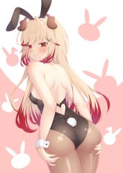 Rule 34 | 1girl, absurdres, alternate costume, animal ears, ass, back, back cutout, black leotard, blonde hair, blush, breasts, brown pantyhose, closed mouth, clothing cutout, commentary request, cowboy shot, dog ears, fake animal ears, fake tail, hair ornament, hands on own ass, heart cutout, highres, leotard, long hair, looking at viewer, looking back, medium bangs, nanashi inc., orange eyes, pantyhose, pink background, playboy bunny, rabbit background, rabbit ears, rabbit tail, red hair, rin (0917608), seshima rui, sideboob, sidelocks, small breasts, smile, solo, strapless, strapless leotard, tail, two-tone background, virtual youtuber, white background, x hair ornament