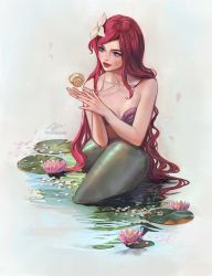 Rule 34 | 1girl, ariel (disney), bare arms, bare shoulders, blue eyes, breasts, cleavage, floating, floating object, flower, hair flower, hair ornament, highres, jewelry, long hair, medium breasts, necklace, petals, pink flower, red hair, red lips, shell, shell necklace, shiny skin, signature, sitting, solo, the little mermaid, toshiasan, water, white background, white flower