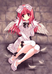Rule 34 | 1girl, angel wings, bow, cave (developer), deathsmiles, dress, feathers, frills, gothic lolita, hair bow, legs, lolita fashion, original, pink eyes, pink hair, short dress, sitting, solo, thighhighs, white thighhighs, windia (deathsmiles), wings, yukiwo