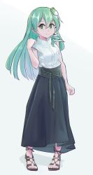Rule 34 | 1girl, 5alive, alternate costume, bare arms, bare shoulders, black skirt, buttons, casual, closed mouth, collared shirt, commentary request, dress shirt, frog hair ornament, green eyes, green hair, grey background, hair between eyes, hair ornament, hair tubes, hand on own shoulder, highres, kochiya sanae, long hair, long skirt, looking to the side, sandals, sash, shadow, shirt, simple background, skirt, sleeveless, sleeveless shirt, smile, snake hair ornament, solo, touhou, two-tone background, white background, white shirt