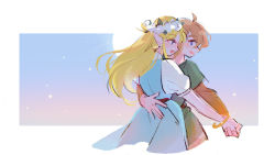 Rule 34 | 1boy, 1girl, blonde hair, blue dress, brown hair, dancing, dress, earrings, elf, flower hat, grin, highres, holding hands, hug, jewelry, link, long hair, moon, nintendo, open mouth, pointy ears, princess zelda, smile, the legend of zelda, the legend of zelda: a link to the past, tunic