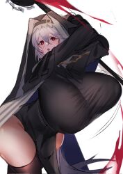 Rule 34 | 1girl, arknights, belt, black dress, black leotard, blood, blood on face, bodysuit, bouncing breasts, breasts, cowboy shot, cross, cross necklace, curvy, dot nose, dress, expressionless, eyelashes, fang, female focus, habit, hair between eyes, highres, holding, holding mace, holding weapon, huge breasts, incoming attack, jewelry, kurokuroooi, leotard, loincloth, looking at viewer, mace, necklace, necktie, nun, open mouth, red eyes, simple background, skin tight, solo, specter (arknights), standing, thick thighs, thighs, weapon, white background, wide hips