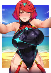 Rule 34 | 1girl, artist name, bakkanki, bare arms, bare shoulders, black one-piece swimsuit, blue sky, commission, competition swimsuit, cowboy shot, dusk, highres, one-piece swimsuit, outstretched arms, pyra (pro swimmer) (xenoblade), pyra (xenoblade), red eyes, red hair, red one-piece swimsuit, sample watermark, skeb commission, sky, solo, swept bangs, swimsuit, thigh gap, two-tone swimsuit, water, watermark, wet, wet clothes, wet swimsuit, xenoblade chronicles (series), xenoblade chronicles 2