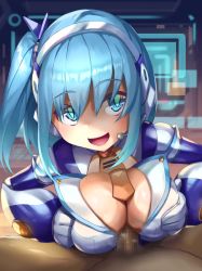 Rule 34 | 1boy, 1girl, animated, artist request, blue hair, breasts, breasts squeezed together, cum, cum on body, cum on breasts, cum on upper body, dark-skinned male, dark skin, ejaculation, ejaculation between breasts, headset, hetero, highres, hoqn, large breasts, live2d, lying pov, mega man x (series), mega man x dive, naughty face, open mouth, paizuri, penis, perpendicular paizuri, rico (mega man), robot, smile, sound, video