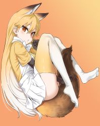 Rule 34 | 10s, 1girl, animal ears, asanagi, black gloves, blonde hair, chestnut mouth, elbow gloves, ezo red fox (kemono friends), feet, fox ears, fox tail, from side, full body, gloves, gradient hair, gradient legwear, hair between eyes, highres, jacket, kemono friends, long hair, long sleeves, looking at viewer, multicolored clothes, multicolored hair, multicolored legwear, no shoes, orange background, simple background, skindentation, solo, tail, thighhighs, yellow eyes