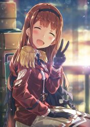 Rule 34 | 10s, 1girl, bad id, bad pixiv id, blurry, blush, brown hair, cape, chair, closed eyes, depth of field, epaulettes, eyebrows, from side, hairband, highres, idol heroes (idolmaster), idolmaster, idolmaster million live!, lens flare, long hair, looking at viewer, military, military uniform, narumi arata, open mouth, sitting, smile, solo, tanaka kotoha, thighhighs, torn clothes, uniform, v