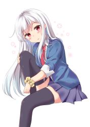Rule 34 | 1girl, albino, black thighhighs, blazer, blush, collared shirt, jacket, knee up, light smile, long hair, looking at viewer, necktie, open clothes, open jacket, original, parted lips, pleated skirt, purple skirt, red eyes, red necktie, school uniform, scrunchie, shirt, silver hair, simple background, sitting, skirt, smile, solo, swept bangs, thighhighs, white background, white shirt, wrist scrunchie, yoshikita popuri, zettai ryouiki