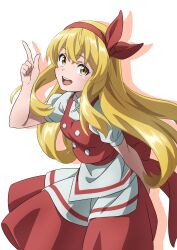 Rule 34 | 1girl, blonde hair, dress, ellen (touhou), gyouza (mhea5724), hairband, highres, index finger raised, long hair, looking at viewer, open mouth, pinafore dress, red dress, red hairband, shirt, short sleeves, simple background, sleeveless, sleeveless dress, smile, solo, touhou, touhou (pc-98), white background, white shirt, yellow eyes