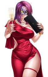 Rule 34 | 00s, 1girl, bag, bracelet, breasts, covered erect nipples, dress, evening gown, female focus, fingernails, glass, handbag, highres, jewelry, kagami hirotaka, koukawa oboro, large breasts, legs together, lilith-soft, lipstick, looking at viewer, makeup, mask, nail polish, necklace, parted lips, purple hair, red dress, side slit, simple background, skindentation, smile, solo, standing, taimanin (series), taimanin asagi, taimanin asagi kessen arena, taut clothes, taut dress, thigh strap, white background, wide hips