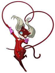 Rule 34 | 10s, 1girl, bodysuit, boots, cat mask, fake tail, gloves, highres, mask, official art, one eye closed, persona, persona 5, persona q2: new cinema labyrinth, persona q (series), pink gloves, red bodysuit, tail, takamaki anne, thigh boots, thighhighs, twintails, whip, zipper