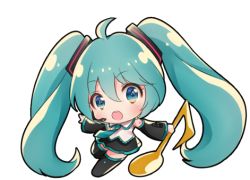 Rule 34 | 1girl, :o, ahoge, black skirt, black sleeves, black thighhighs, blue eyes, blush, chibi, collared shirt, detached sleeves, eighth note, green hair, green necktie, hair between eyes, hair ornament, hatsune miku, headset, long hair, long sleeves, lowres, melings (aot2846), musical note, necktie, open mouth, pleated skirt, round teeth, shirt, skirt, sleeveless, sleeveless shirt, solo, teeth, thighhighs, twintails, upper teeth only, very long hair, vocaloid, white shirt