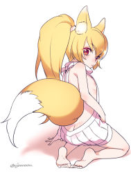 Rule 34 | 1girl, animal ears, ass, backless dress, backless outfit, bare back, bare shoulders, barefoot, blonde hair, butt crack, drawstring, dress, flat chest, fox ears, fox tail, full body, kneeling, looking at viewer, meme attire, miho (monster super league), monster super league, naked sweater, ponytail, red eyes, ribbed sweater, solo, sweater, sweater dress, tail, twitter username, ujou, virgin killer sweater, white background