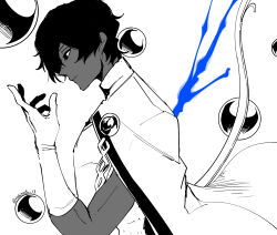Rule 34 | 1boy, arjuna (fate), artist name, black eyes, black hair, cape, clothing cutout, collar, dark-skinned male, dark skin, fate/grand order, fate (series), gloves, greyscale, hair between eyes, hand up, highres, jewelry, looking down, male focus, monochrome, open hand, orb, partially colored, rozu ki, side cutout, solo, upper body, weapon, white background, white gloves