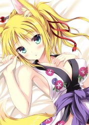 Rule 34 | 10s, 1girl, animal ears, blonde hair, blush, breasts, cleavage, collarbone, dog days, female focus, fox ears, fox tail, green eyes, hair ribbon, hand on own chest, japanese clothes, large breasts, long hair, lying, open mouth, ponytail, ribbon, solo, tail, tateha (marvelous grace), yukikaze panettone