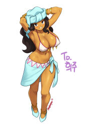 Rule 34 | 1girl, armpits, bikini, blue footwear, blue headwear, breasts, brown eyes, cleavage, collarbone, commentary, dark skin, english commentary, full body, highres, large breasts, long hair, looking at viewer, navel, nestkeeper, shantae (series), shoes, simple background, smile, solo, swimsuit, turban, white background, white bikini