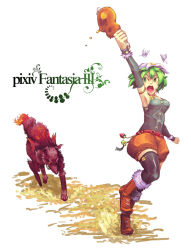 Rule 34 | armpits, belt, boned meat, boots, bug, butterfly, detached sleeves, flower, food, green eyes, green hair, hair flower, hair ornament, insect, meat, monster, pixiv fantasia, pixiv fantasia 3, running, shibairo, short hair, solo, thighhighs