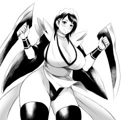 Rule 34 | 1girl, blush, breasts, cleavage, female focus, greyscale, hair ornament, hairclip, highres, huge breasts, iroha (samurai spirits), maid, maid headdress, monochrome, panties, samurai spirits, shibusun, short hair, simple background, smile, snk, solo, standing, thick thighs, thighhighs, thighs, underwear, white background