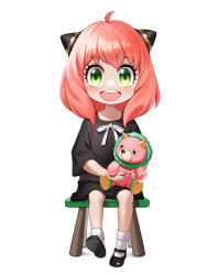 Rule 34 | 1girl, :d, ahoge, anya (spy x family), baby doll socks, black dress, black footwear, chair, child, director chimera (spy x family), dress, green eyes, grey background, grey socks, hairpods, highres, himmel (allsky83), holding, holding stuffed toy, medium hair, open mouth, pink hair, simple background, sitting, smile, socks, solo, spy x family, stuffed toy, teeth, upper teeth only