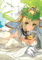 Rule 34 | 1girl, absurdres, ahoge, ass, blonde hair, breasts, bridal veil, butt crack, chain, cleavage, closed mouth, fate/grand order, fate (series), gloves, green eyes, head wreath, highres, holding, key, lock, long hair, looking at viewer, lying, medium breasts, nero claudius (bride) (fate), nero claudius (fate), nero claudius (fate) (all), on stomach, padlock, padlocked collar, scan, simple background, smile, solo, veil, wada arco