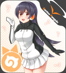Rule 34 | 10s, 1girl, :d, black hair, blush, breasts, brown eyes, character name, cowboy shot, drawstring, from side, gentoo penguin (kemono friends), hair between eyes, headphones, japari symbol, kemono friends, leaning forward, long hair, medium breasts, musical note, open mouth, outstretched arm, pleated skirt, quaver, skirt, smile, solo, turtleneck, very long hair, watayoshi (suiiho), white skirt