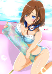 Rule 34 | absurdres, ass, bare legs, between thighs, bikini, blue bikini, blue eyes, breast press, breasts, brown hair, cleavage, closed mouth, commentary request, feet out of frame, go-toubun no hanayome, hair over one eye, headphones, headphones around neck, highres, inflatable toy, kneeling, large breasts, nakano miku, ninyo (user pddg5877), pool, poolside, sidelocks, smile, solo, straddling, summer, sweatdrop, swimsuit, thighs
