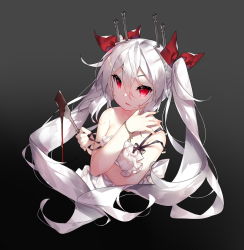 Rule 34 | 1girl, apron, azur lane, bare shoulders, black background, blood, blood on face, chocolate, closed mouth, collarbone, commentary request, fingernails, gradient background, grey background, hair between eyes, hair ribbon, holding, long hair, looking at viewer, red eyes, red ribbon, ribbon, saru, sidelocks, silver hair, solo, spatula, strap slip, twintails, v-shaped eyebrows, vampire (azur lane), very long hair, white apron