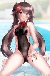 Rule 34 | 1girl, arm behind back, bad id, bad twitter id, bare shoulders, black one-piece swimsuit, blush, breasts, brown hair, covered navel, flower, genshin impact, hair flower, hair ornament, highleg, highleg swimsuit, highres, hu tao (genshin impact), licking lips, long hair, looking at viewer, one-piece swimsuit, plum blossoms, pool, poolside, red eyes, shirosaba, small breasts, smile, solo, swimsuit, symbol-shaped pupils, thighs, tongue, tongue out, twintails, very long hair, wet