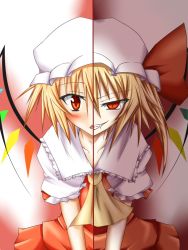 Rule 34 | 1girl, ascot, bad id, bad pixiv id, blonde hair, blush, dual persona, embodiment of scarlet devil, fang, female focus, flandre scarlet, grin, hat, looking at viewer, red eyes, short hair, side ponytail, simple background, slit pupils, smile, solo, split screen, split theme, suterii, touhou, upper body, vampire, wings, yandere, you gonna get raped