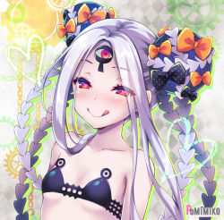 Rule 34 | 1girl, :q, abigail williams (fate), abigail williams (swimsuit foreigner) (fate), abigail williams (swimsuit foreigner) (first ascension) (fate), artist name, bare shoulders, black bow, blush, bow, breasts, collarbone, commentary request, fate/grand order, fate (series), hair bow, heart, heart-shaped pupils, long hair, looking at viewer, orange bow, pale skin, pomimiko, red eyes, silver hair, small breasts, solo, symbol-shaped pupils, tongue, tongue out, upper body