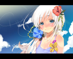 Rule 34 | 1girl, bad id, bad pixiv id, blue eyes, child, cloud, dancho (dancyo), day, flower, hair flower, hair ornament, highres, letterboxed, looking at viewer, original, skull.03, sky, smile, solo, white hair