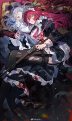 Rule 34 | 2girls, absurdres, alternate costume, apron, aria yin, blood, blood on clothes, blood on face, crying, crying with eyes open, enmaided, frills, glasses, green eyes, gun, hair ornament, hairclip, highres, holding, holding gun, holding weapon, hug, knife sheath, lens flare, maid, maid apron, maid headdress, multiple girls, orange eyes, original, puffy sleeves, red hair, sheath, tears, torn clothes, torn legwear, waist apron, wavy hair, weapon, white hair