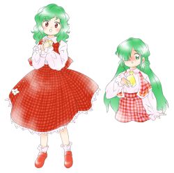 Rule 34 | 2girls, :d, ascot, collared shirt, dual persona, flower, green eyes, green hair, hair over one eye, hands up, interlocked fingers, kazami yuuka, kazami yuuka (pc-98), long hair, long sleeves, looking at viewer, medium hair, multiple girls, nonamejd, official style, open clothes, open mouth, open vest, plaid, plaid skirt, plaid vest, red eyes, red footwear, red skirt, red vest, shirt, shoes, simple background, skirt, smile, socks, touhou, touhou (pc-98), vest, wavy hair, white background, white flower, white shirt, white socks, yellow ascot, zun (style)